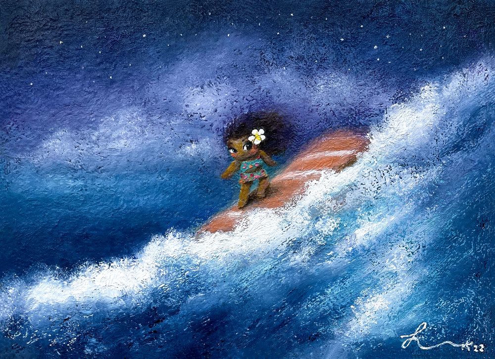 Night Surfing — Hana Kwon, Oil and oil pastel on canvas, 2022