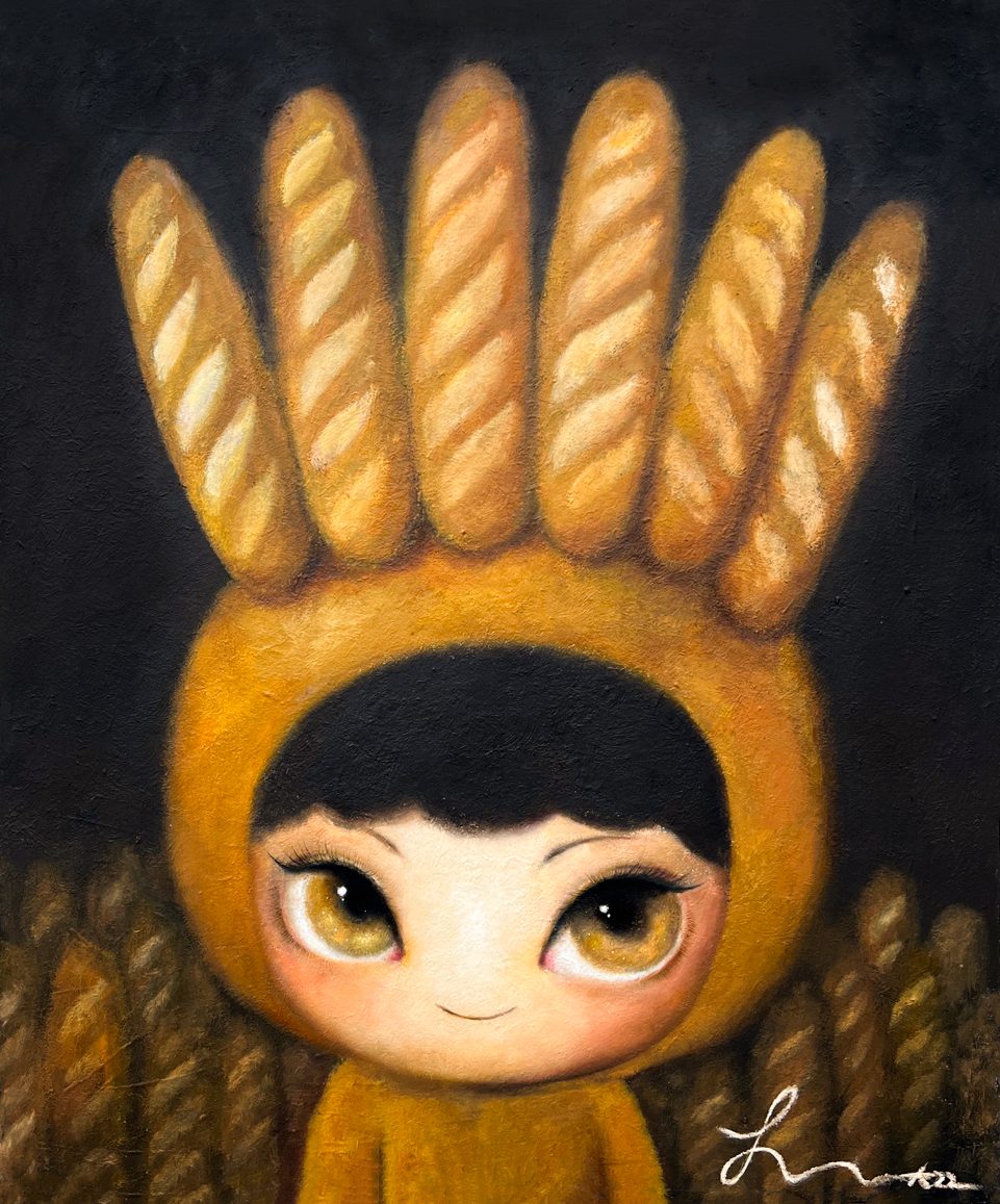 HAPPY BAGUETTE GIRL — Hana Kwon, Oil and oil pastel on canvas, 2022