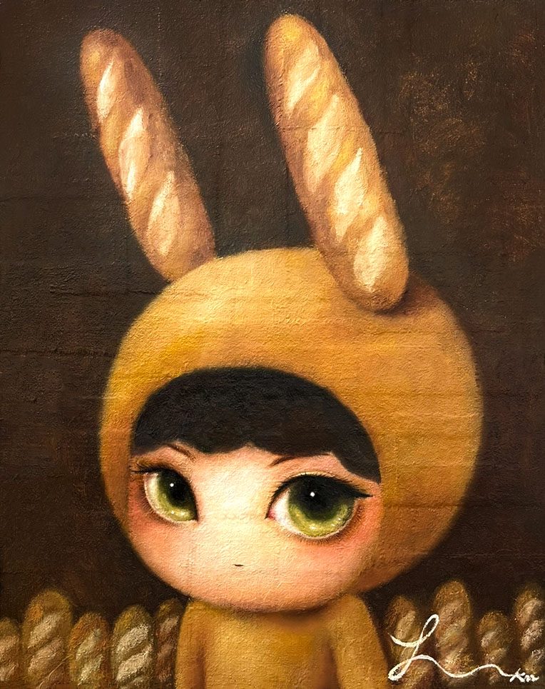 Suspicious Baguette Girl — Hana Kwon, Oil and oil pastel on canvas, 2022