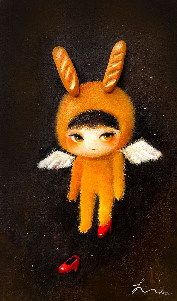 Angel Baguette girl — Hana Kwon, Mixed media on canvas, 2022