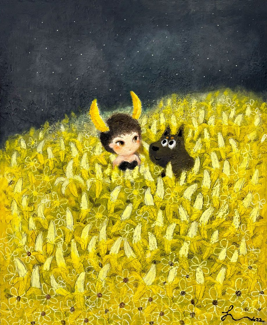 In the Banana Garden — Hana Kwon, Oil and oil pastel on canvas, 2022