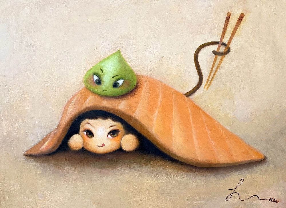 Salmon girl and Wasabi boy — Hana Kwon, Oil on canvas, 2022