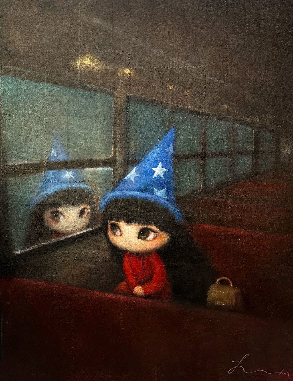 집으로 돌아가는 기차안에서 — Hana Kwon, Oil and oil pastel on canvas, 2023