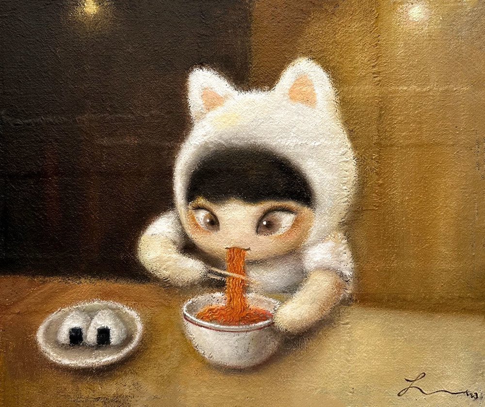 늦은밤 나홀로 라면 — Hana Kwon, Oil and oil pastel on canvas, 2023