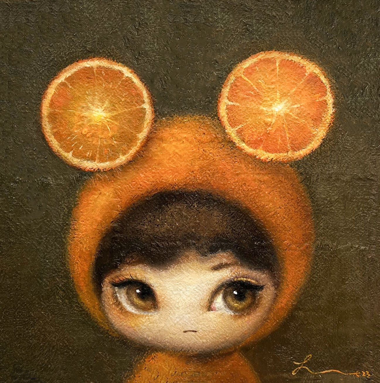 한라봉으로 오해받은 오렌지녀 — Hana Kwon, Oil and oil pastel on canvas, 2023