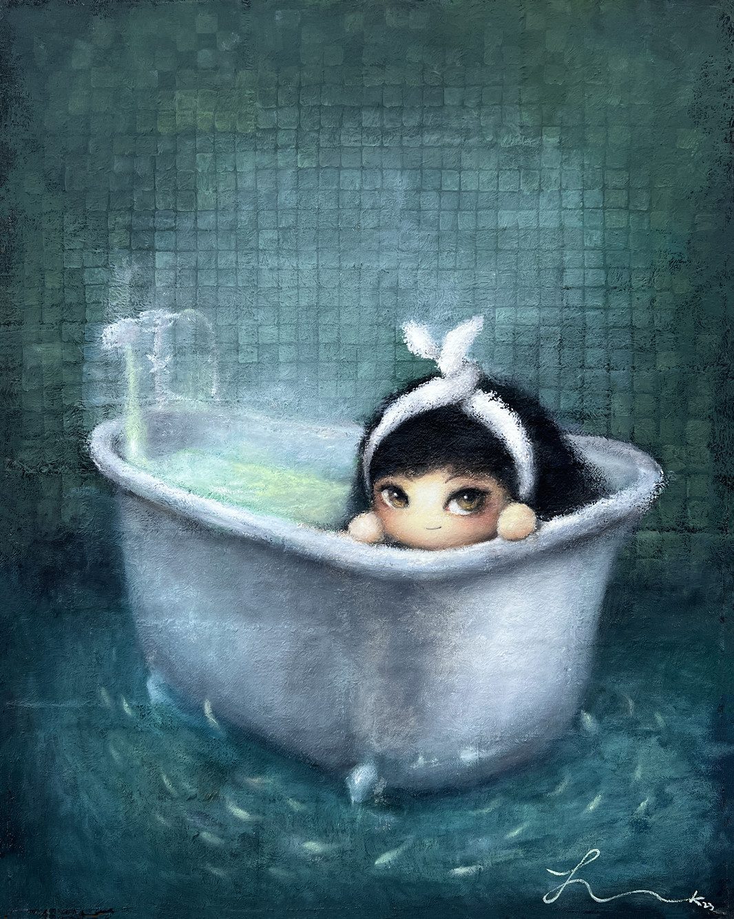 이상한 목욕탕 — Hana Kwon, Oil and oil pastel on canvas, 2023