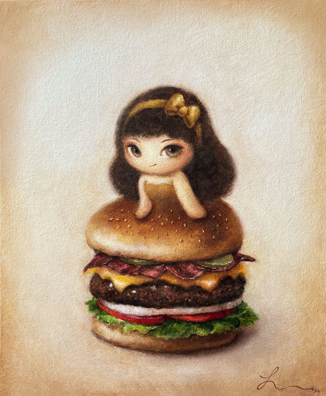 Young & Rich Burger girl — Hana Kwon, Oil and oil pastel on canvas, 2023