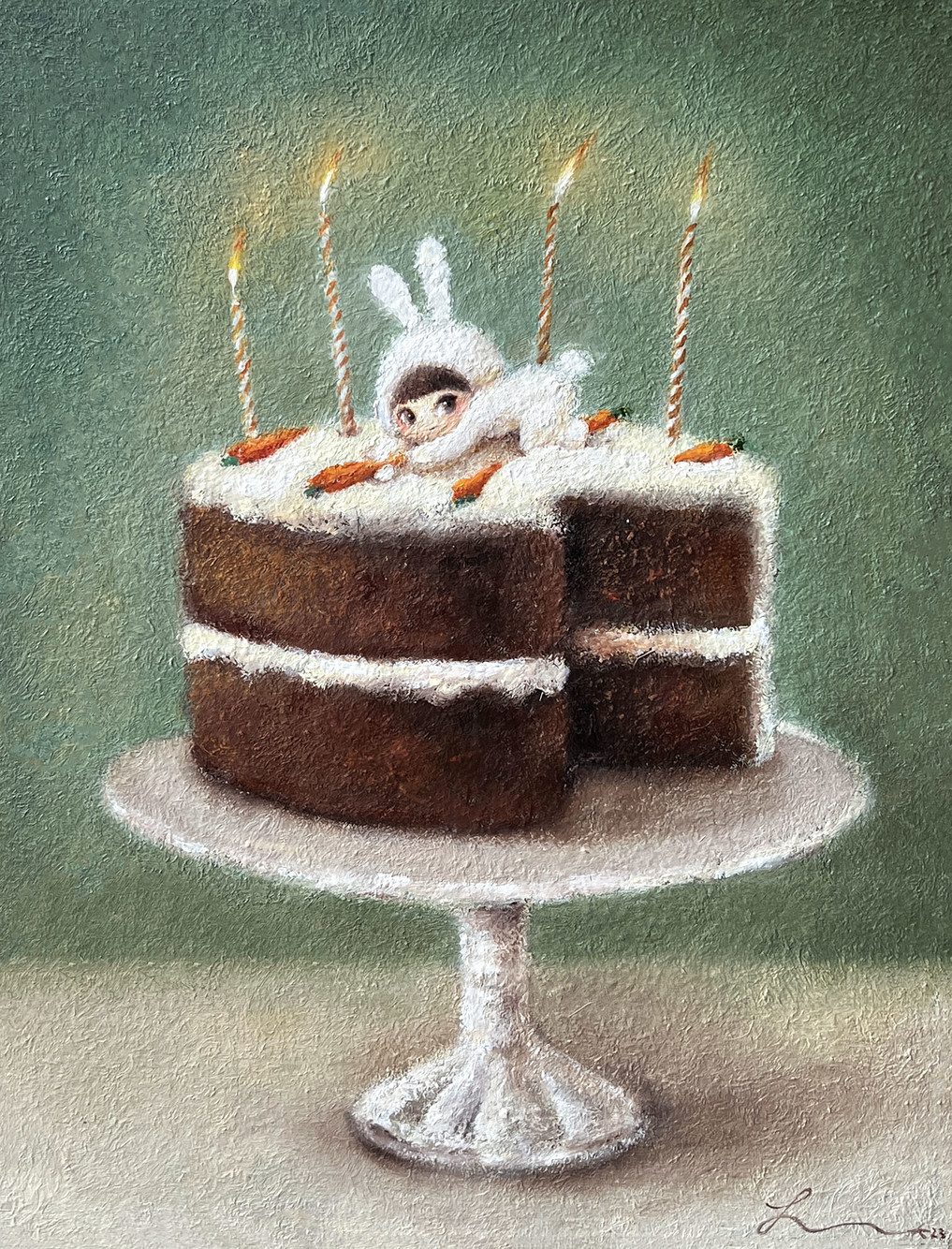 My precious carrot cake — Hana Kwon, Oil and oil pastel on canvas, 2023
