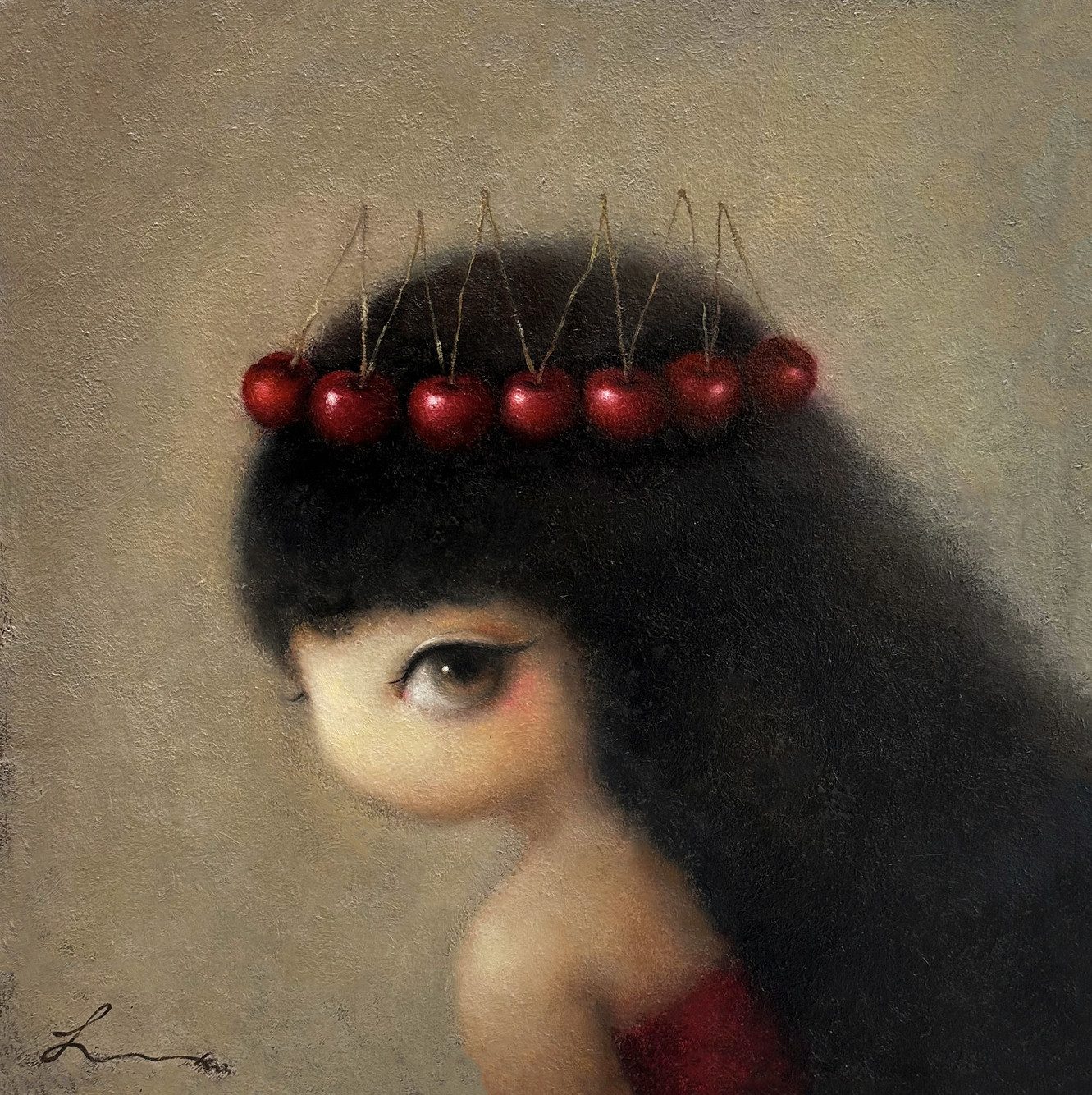도도한 체리녀 — Hana Kwon, Oil and oil pastel on canvas, 2023