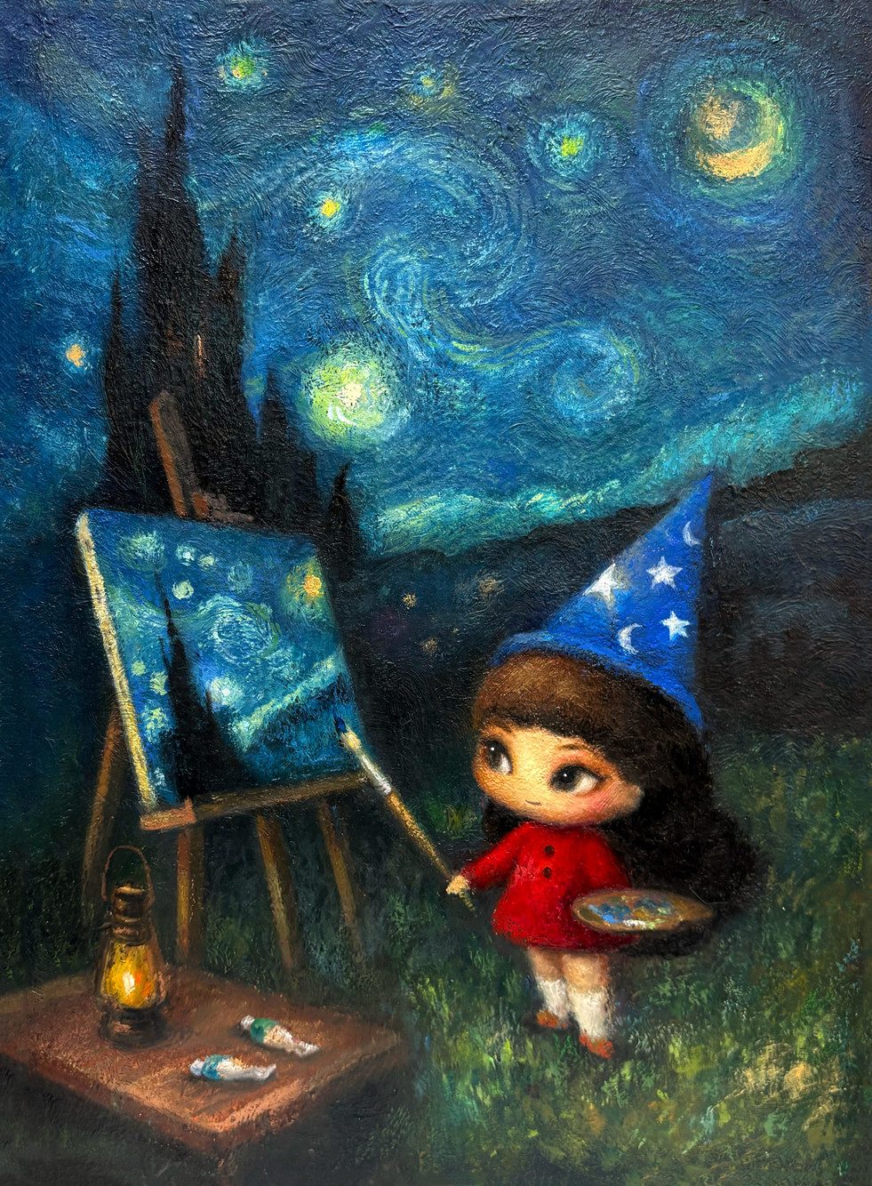 Under the starry night — Hana Kwon, Oil and oil pastel on canvas, 2025