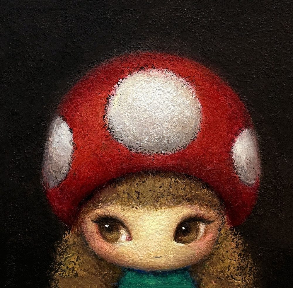 Mushroom Girl — Hana Kwon, Oil and oil pastel on canvas, 2025