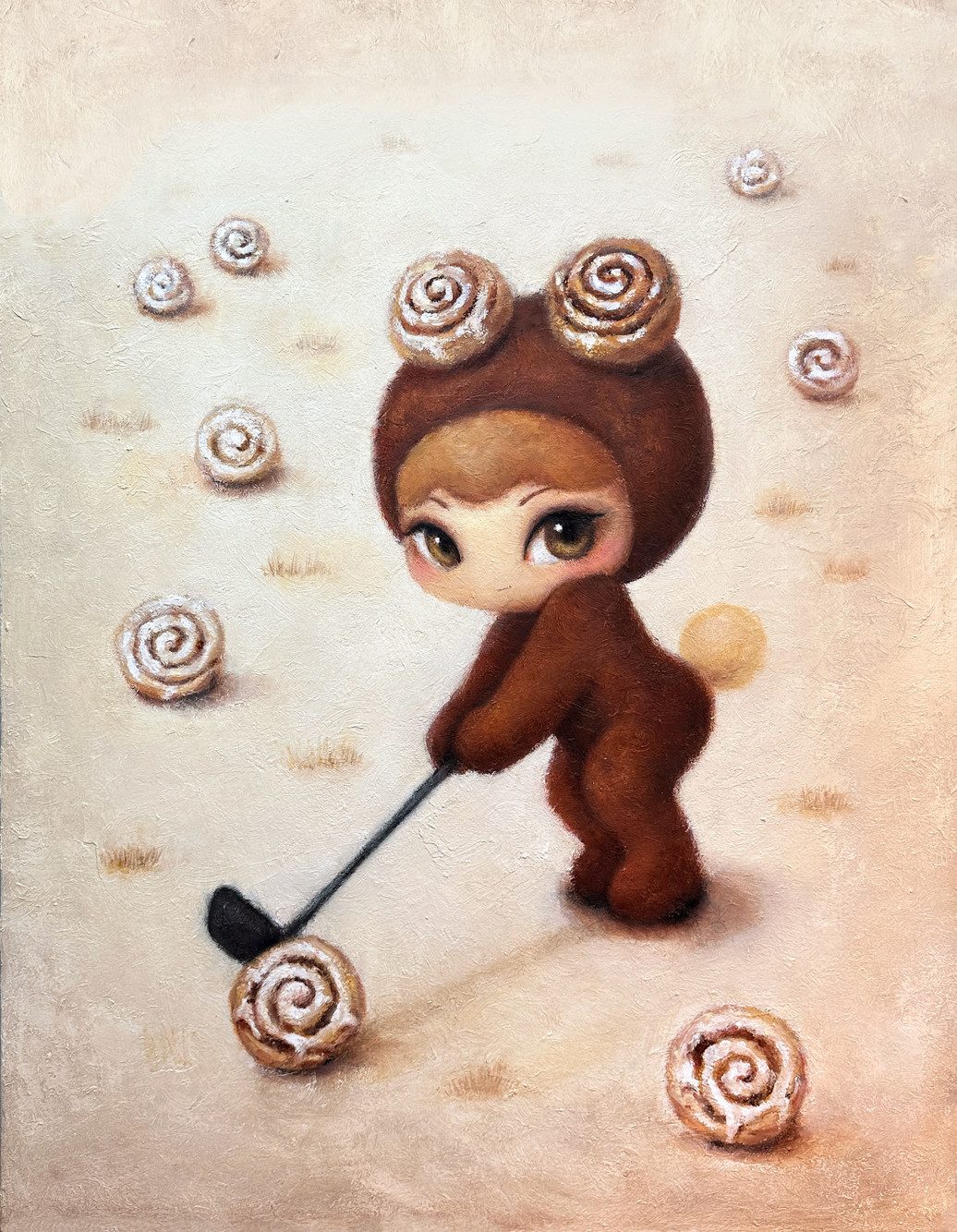 Cinnamon Roll Golf — Hana Kwon, Oil and oil pastel on canvas, 2025